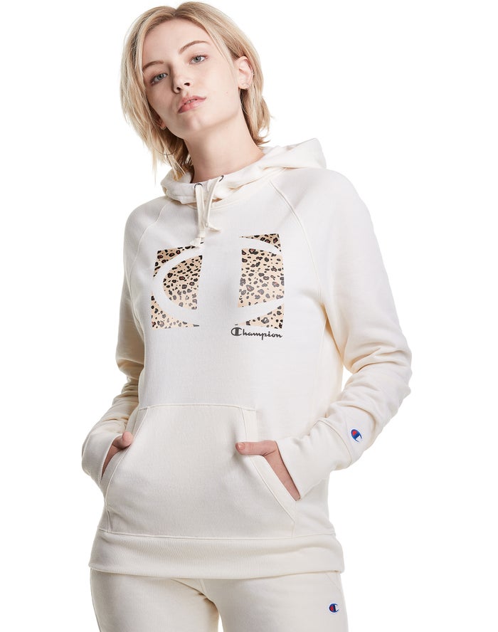 Hanorac Cu Gluga Champion Powerblend Fleece Leopard Colorblock Logo Dama Albi - Romania PVSIFWE-37